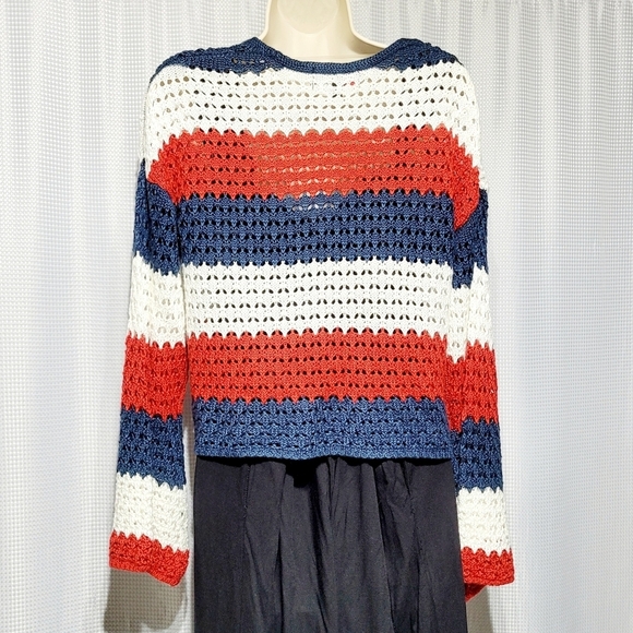 33 Degrees Patriotic Striped Crochet Long Bell Sleeve Sweater (M) - Picture 3 of 8